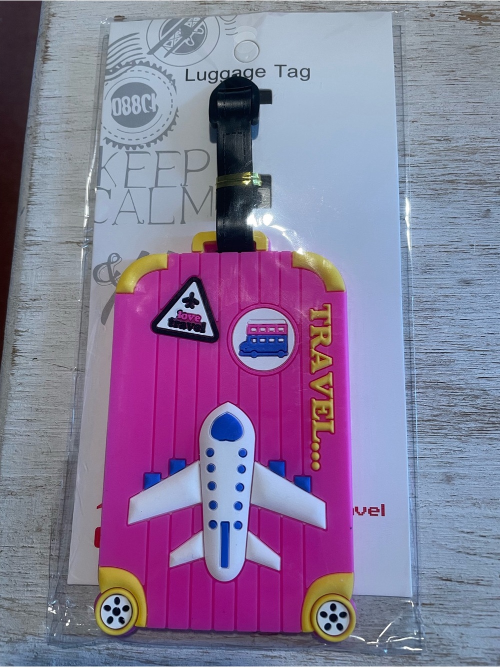 Kids Pink Airplane Travel Luggage Tag with Yellow Accents